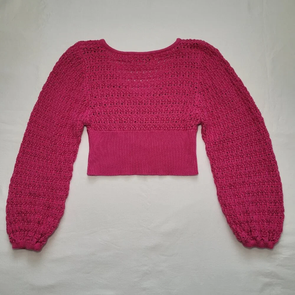 Willow & Wind Knit Cropped V-Neck Sweater Fuchsia Crochet Small Boho